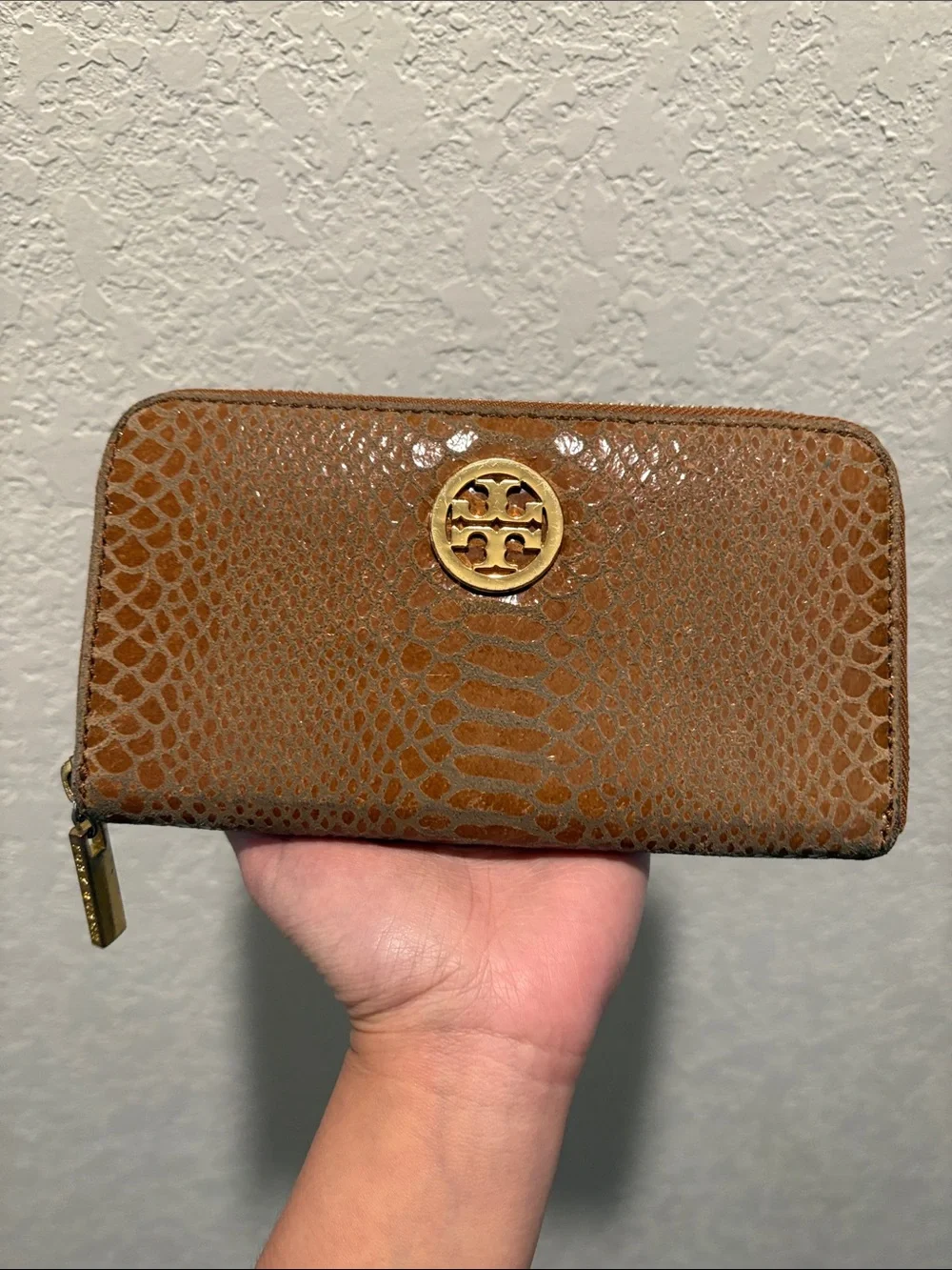 Tory Burch Tan Snakeskin-Embossed Zip Wallet